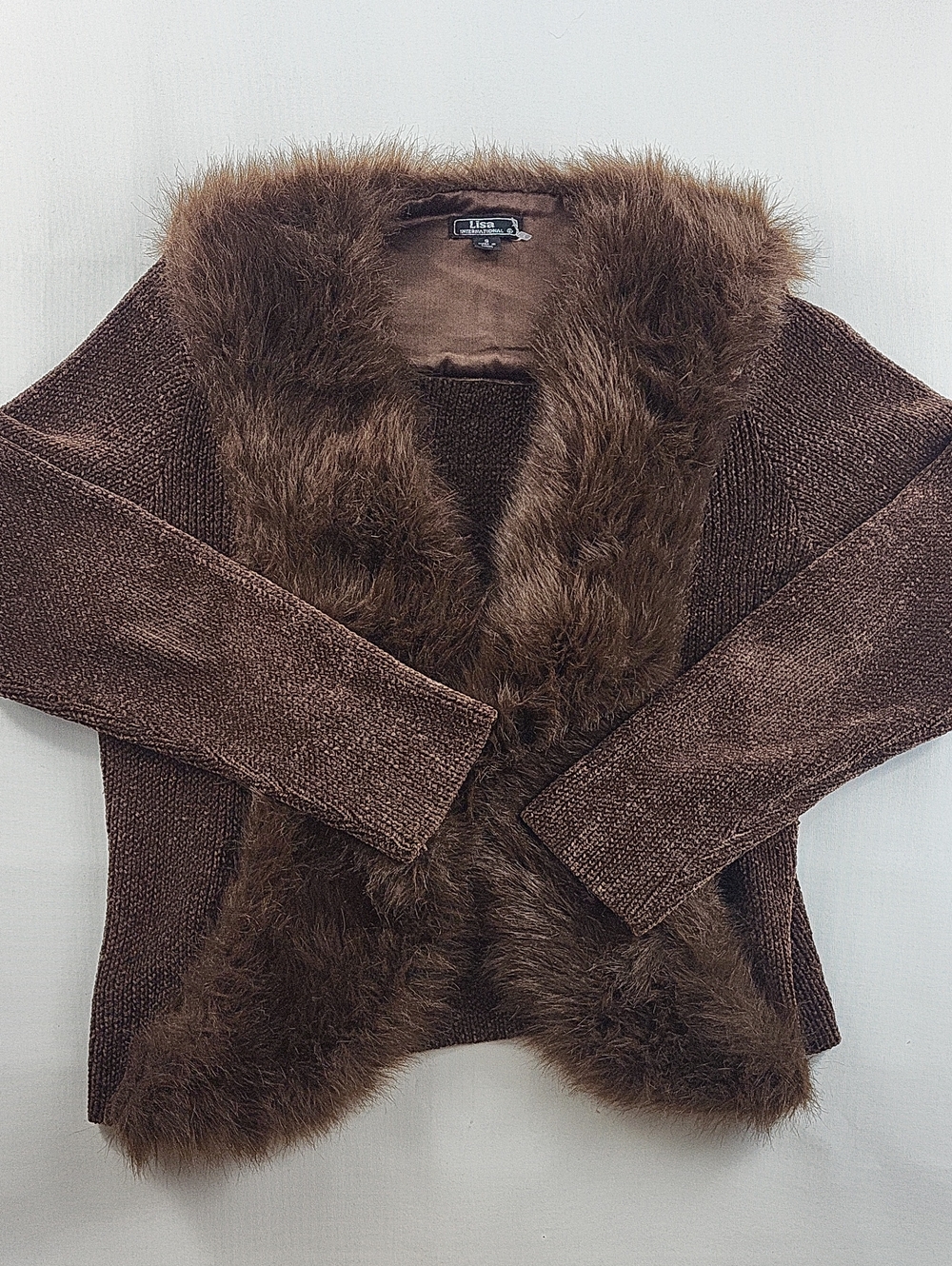Earthy Whimsigoth Brown Chenille Faux Fur Collar Shrug Cardigan Small